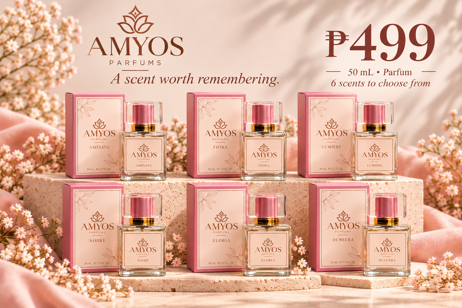 The AMYOS Parfums six-scent collection shown with its pink boxes and glass bottles.